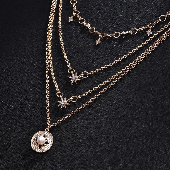 Boho Multilayer Star Crystal and Pearl Necklace - Picture 4 of 9